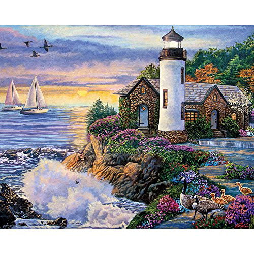 Bits and Pieces 300 pc Summer Sailboat Lighthouse Scene Jigsaw by Artist Vessela G. Quilts at The Beach 300 Piece Jigsaw Puzzle for Adults 18 x 24 